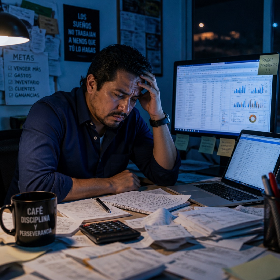Emprendedor agobiado de noche entre papeles, con su marketing desordenado