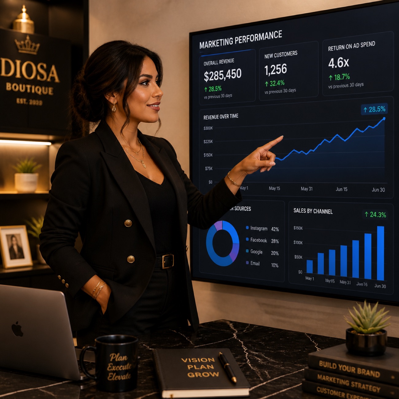 Empresaria revisando un panel de marketing con ventas en crecimiento